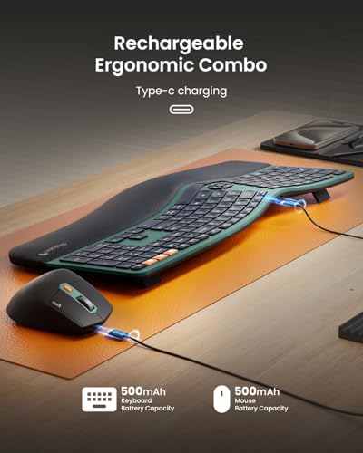 ProtoArc EKM01 Plus Wireless Ergonomic Keyboard Mouse Combo - Green | Full-size Split Keyboard with Cushioned Wrist Rest, Ergonomic Mouse, 3-Device Bluetooth/2.4G, USB-C Rechargeable - color: Green