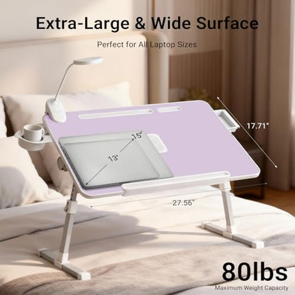 Adjustable Laptop Lap Desk with Cooling Fan USB Light for Adults - color: Purple,70x45cm
