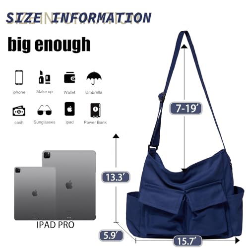 Canvas Messenger Bag Large Hobo Crossbody Bag with Multiple Pockets Casual Shoulder Tote Bag for Women and Men - color: Navy
