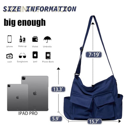 Canvas Messenger Bag Large Hobo Crossbody Bag with Multiple Pockets Casual Shoulder Tote Bag for Women and Men - color: Navy