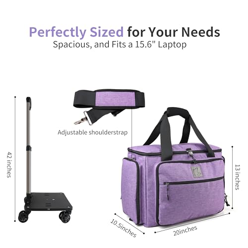Rolling Teacher Bag with Five 360-Degree Swivel Wheels,Teacher Tote Bag with Detachable Trolley,Using YKK zipers,Fits for 15.6" Laptop (Lilac) - color: Lilac