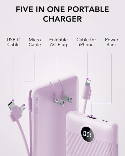 VRURC Portable Charger, Power Bank Built-in Cables and AC Wall Plug | USB C Power Bank 10000mAh Travel Essentials Phone Charger Compact External Battery Pack For Smart Phones, Tablets etc-Purple - color: Purple