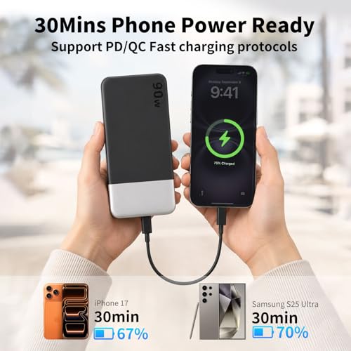 NOBIS Power Bank 90W 20,000mAh Laptop Portable Charger | PD Fast Charging Battery Pack, 4-Port, Digital Display, Compatible Laptop, Tablet, Phone and More - color: Black
