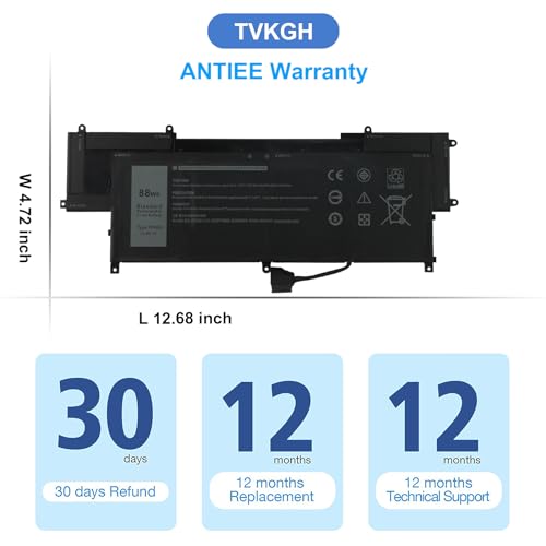 ANTIEE TVKGH 88Wh Laptop Battery Replacement for Dell Latitude 9510 / Latitude 9520 2-in-1 Series N7HT0 V5K68 HYMNG N2NLL 08NFC7 N2NLL N7HTO 089GNG 0PKW00 0HYMNG 11.4V 7334mAh 6-Cells