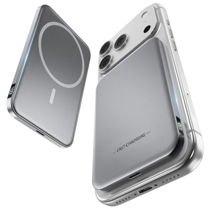 0.4" Ultra Slim Magnetic Portable Charger, 50% Smaller 5000mAh Power Bank with LED Display, Fast Charging Wireless Battery Pack, Travel Essential MagSafe Compatible Charger for iPhone 17/16/15 - Gray - color: Titanium Gray