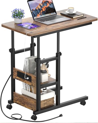 Height Adjustable End Table with Charging Station, Mobile C Shaped Laptop Side Table with Wheels, 3-Tier Sofa Couch Table with Storage Shelve for Living Room Bedroom, Rustic Brown - color: Rustic Brown