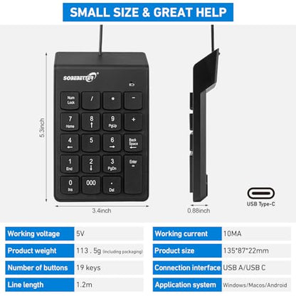 USB-C ＆ USB-A Number Pad, 19 Keys Wired Numeric Keypad, Plug & Play | 15° Ergonomic Numeric Pad for Laptop/Desktop/iPad/phone, Portable Financial Accounting 10 Keys Number Pad for Windows/macOS