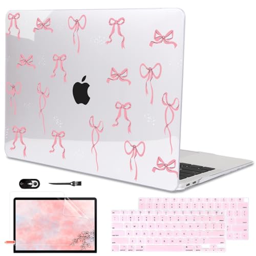 Compatible with 2021 2020 2019 2018 MacBook Air 13 inch Case M1 A2337 A2179 A1932 with Touch ID, Crystal Clear Pattern Plastic Hard Shell Case for MacBook Air 13 M1 2021, Pink Bowknot - color: Pink Bowknot
