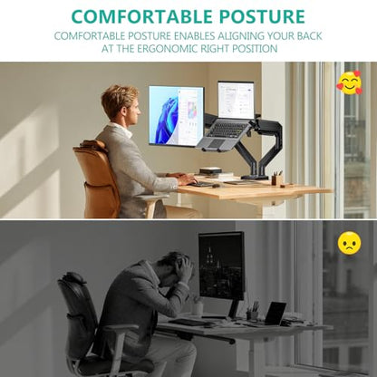 WALI Laptop Desk Mount, Dual Monitor Arm with Laptop Holder, Adjustable Height Laptop Arm Mount for Desk, Fits 17” Notebook and 32” Monitors, Up to 22Lbs (GSMP002LP), Black - size: Dual, style: Adjustable Desk Mount