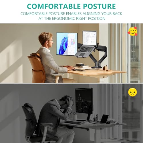 WALI Laptop Desk Mount, Dual Monitor Arm with Laptop Holder, Adjustable Height Laptop Arm Mount for Desk, Fits 17” Notebook and 32” Monitors, Up to 22Lbs (GSMP002LP), Black - size: Dual, style: Adjustable Desk Mount