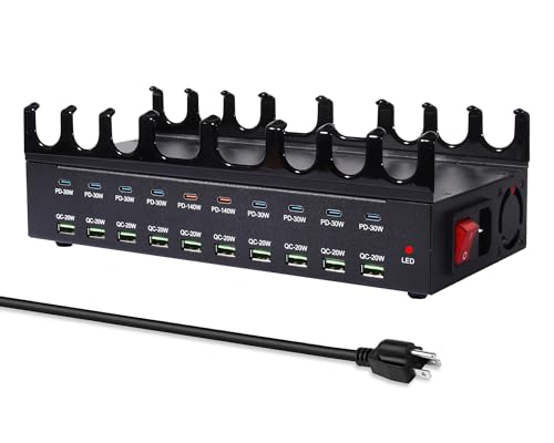 770W Charging Station for Multiple Devices, 20-Port USB C Fast Charging Station with Dual 140W PD PPS Port, Multi Device Fast Charger Dock for MacBook Pro Laptop, iPhone, iPad, Tablet, Cell Phone - color: 770 Black