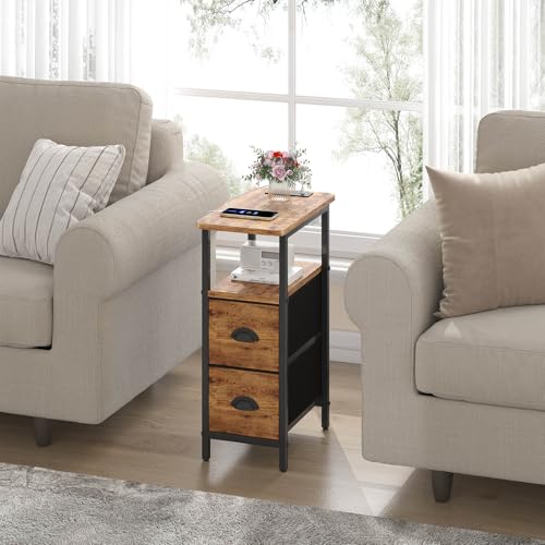 sthmec Narrow End Table with Charging Station, Narrow Side Table with 2 Fabric Drawers, Slim Nightstand, Skinny Bedside Table, Small Side Table for Small Spaces, Living Room, Bedroom, Rustic Brown - color: Rustic Brown, size: 7.87'' W x 15.75'' D x 24.37'