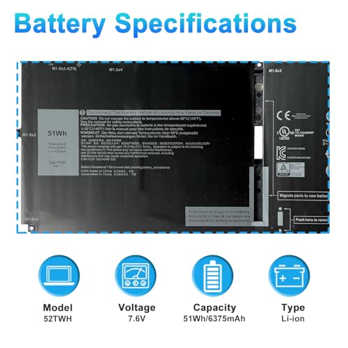 51Wh 52TWH Laptop Battery Replacement for Dell XPS 13 7390 2-in-1 Series Notebook P103G P103G001 P103G002 MM6M8 0MM6M8 XX3T7 0XX3T7 7.6V 4-Cell - size: 11.02*3.15*0.24inch 52TWH