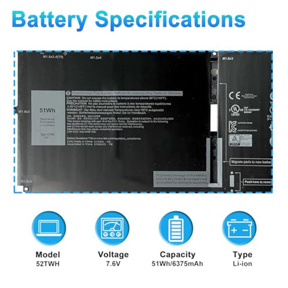 51Wh 52TWH Laptop Battery Replacement for Dell XPS 13 7390 2-in-1 Series Notebook P103G P103G001 P103G002 MM6M8 0MM6M8 XX3T7 0XX3T7 7.6V 4-Cell - size: 11.02*3.15*0.24inch 52TWH