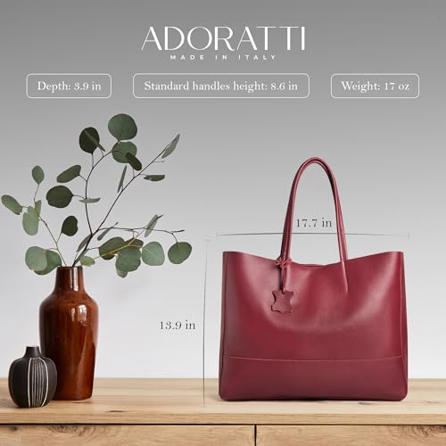 Italian Leather Tote Bag for Women - Large Shoulder Shopper, Fits 16” Laptop, Keychain Holder, Made in Italy - color: Burgundy