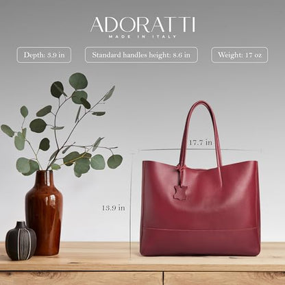 Italian Leather Tote Bag for Women - Large Shoulder Shopper, Fits 16” Laptop, Keychain Holder, Made in Italy - color: Burgundy
