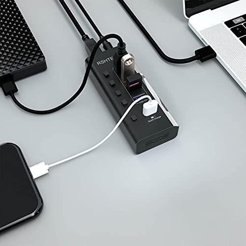 RSHTECH Powered USB Hub with 4 USB 3.0 Data + 1 Fast Charging Port, RSH-A35 | USB Extender Hub with 24W(12V/2A) Power Adapter and Individual On/Off Switches