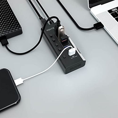 RSHTECH Powered USB Hub with 4 USB 3.0 Data + 1 Fast Charging Port, RSH-A35 | USB Extender Hub with 24W(12V/2A) Power Adapter and Individual On/Off Switches