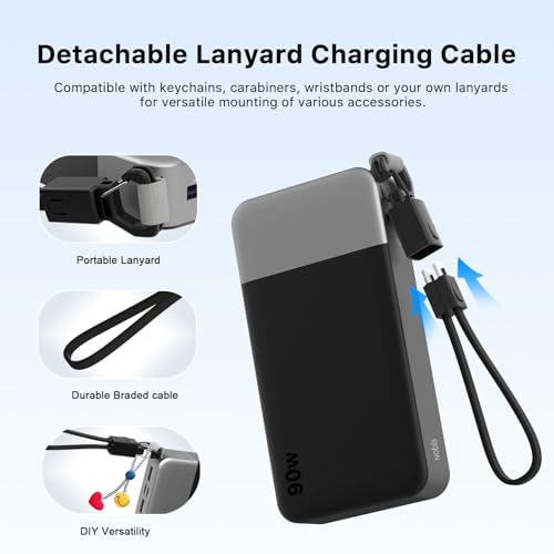 NOBIS Portable Charger 20000mAh 90W Power Bank w/Detachable Cable | 2C+2A USB-C Fast Charging Battery Pack with LED Display,Battery Bank for Laptops, Tablets, Phones and Steam Deck - color: Black
