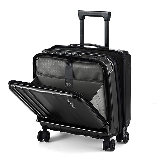 TydeCkare 16" Carry on Luggage with 2 Laptop Compartments, Lightweight Hardshell ABS+PC Suitcase with Dual Control TSA Lock, with YKK Zipper, 4 Spinner Silent Wheels, for Business Travel, Black - color: Black