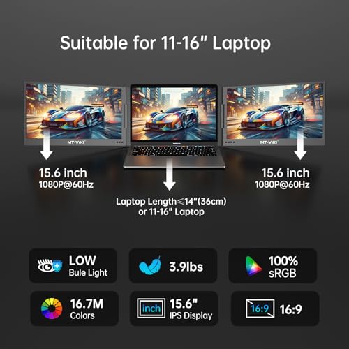 MT-VIKI 15.6 inch Laptop Screen Extender, Potable Monitor for Laptop Only One USB-C Cable Connection, Compatiable with Win/Mac (M1~M5), FHD 1080P, 360° Rotation【Included Carrying Bag】 - size: 15.6"