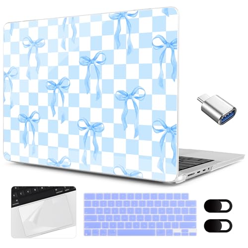 MEEgoodo Compatible with MacBook Pro 14 inch Case (M5/M4/M3/M2/M1) Pro/Max 2026 2025 2024 2023 2021,Case Fit Model A3427/A3426/A3434/A3112/A3401/A3185/A2918/A2992/A2779/A2442, Blue&White Checkers&Bows - color: Blue&White Checkers&Bows