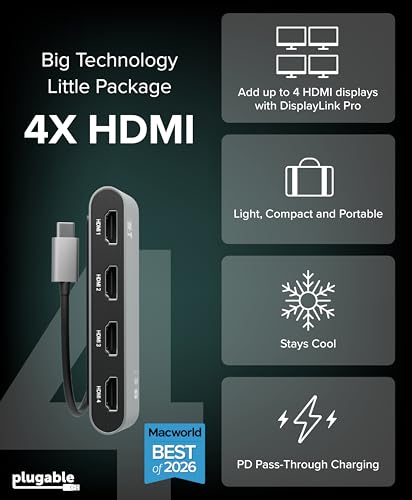 Plugable USB C to Quad HDMI 4K Adapter with 100W PD Pass-Though Power Delivery for Windows, Mac M1/M2/M3/M4, Thunderbolt, and USB-C Laptops | TAA, DisplayLink Pro, Driver Required (USBC-7400H4)