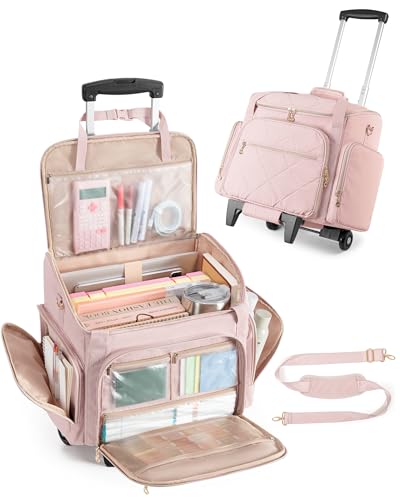 Marscamd Rolling Teacher Bag with 15.6" Laptop Compartment for Work | Multi-Slot Front Pocket, Detachable Trolley & Shoulder Straps, Water-Resistant, Women Work Briefcase Tote with Wheels (Pink)) - color: Pink