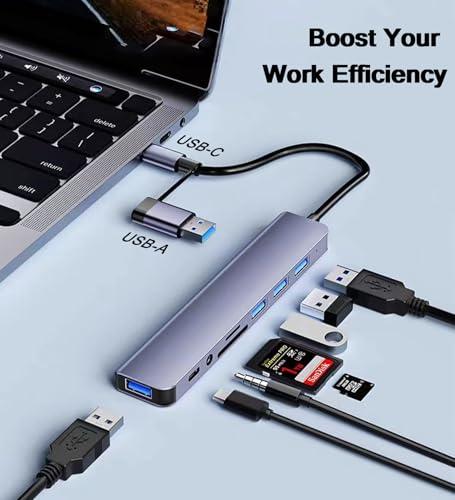 USB C Hub USB Hub 3.0 with SD/TF Card Reader, 3.5mm Headphone Aux Jack, 8-in-1 USB Splitter for MacBook Pro Air, XPS, Surface and More PC/Laptop/Tablet Devices