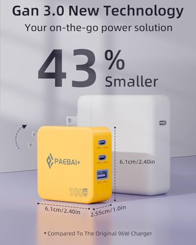 100W USB C Charger Block, 3 Port GaN Foldable Wall Fast Charger | for MacBook Pro, MacBook Air, Dell XPS, iPhone 17 16 Series, Samsung Galaxy, iPad Pro and All USB-C Devices - color: Yellow