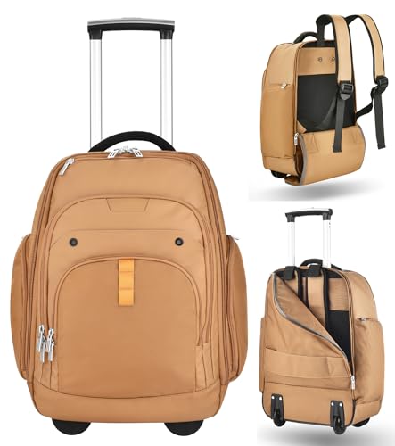 Heliar Rolling Backpack with Wheels | Wheeled Roller Backpack for Business & Travel, Adjustable 13-18 Inch Laptop Backpack with Laptop Compartment & Carry-On Design - color: Brown