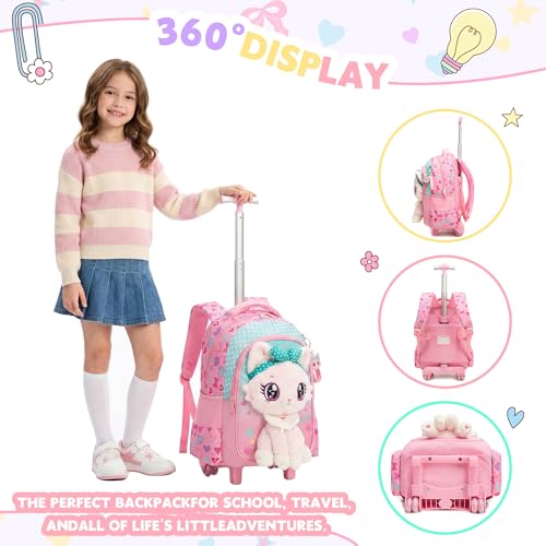 Meetbelify Rolling Backpack for Girls Backpacks with Wheels for Elementary Student Kids School Travel Bag for Girls Ages 6-8 Years Old - color: Pink