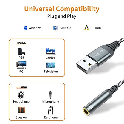 USB to 3.5mm Jack Audio Adapter,External Sound Card USB-A to Audio Jack Adapter with Aux Stereo Converter Compatible with Headset,PC Windows,Laptop Mac, Desktops, Linux, PS4 and More Device (Grey) - size: 1 Pack