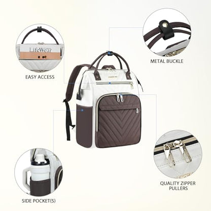 VANKEAN 17 Inch Laptop Backpack for Women Large Capacity Waterproof Daypack - color: Beige/Coffee, size: 17.3 Inch