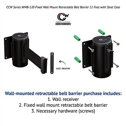 Crowd Control Warehouse WMB-120 Fixed Wall Mount Retractable Belt Barrier | 11-foot Yellow "CAUTION-WET FLOOR" Belt with Black Steel Case, CCW Series. - color: Yellow"CAUTION-WET FLOOR"