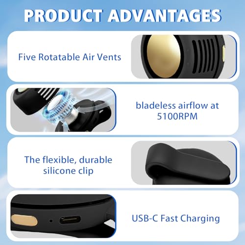 Portable Fan,2-in-1 Waist Clip On Bladeless, Ultra-Quiet Mini Personal Neck Fan 3 Speeds with 360°Adjustable Clip USB Rechargeable for Hiking,Office & Outdoor - color: Black