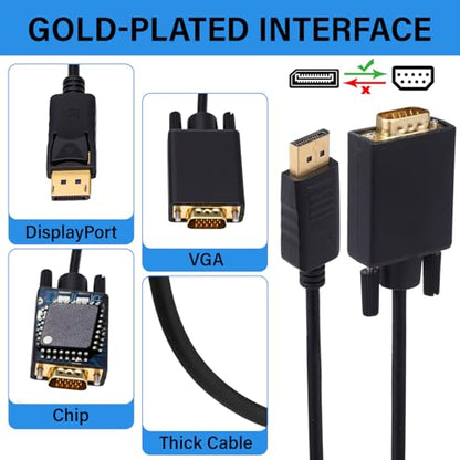 24 Pack Displayport to Vga Cable 6 ft Gold Plated Dp to Vga Adapter with Chip for Laptop Computer PC Monitor Projector HDTV, Not Bidirectional, Not Compatible with USB - size: 6 ft