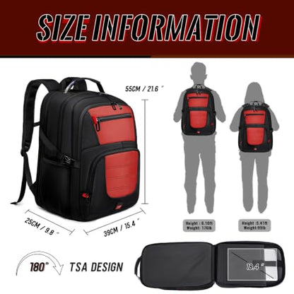55L Gaming Laptop Backpack, Fits 18.4-19" Laptop, Red | 180° TSA-Friendly Carry On Design with Padded Laptop Compartment, Water-Resistant, Adjustable Strap, Handle for Men Women - color: Red, size: 18.4 Inch（21.6"x15.4"x9.8"）