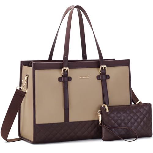 LOVEVOOK Laptop Tote for Women 15.6 Inch Canvas, Large Capacity Work Bag With Clutch Purse, Computer Office Business Briefcase, Casual Handbag for Travel College Teacher School - color: Beige, size: 15.6 inch
