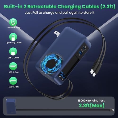 120W USB C Charger Block with 2 Built-in Retractable Cables,4-in-1 GaN IV Foldable Plug Wall Charger Fast Charging Station,PD 65W Laptop Adapter for Macbook/iPad,iPhone 17/16/15/14,Android (Dark Blue) - color: Dark Blue
