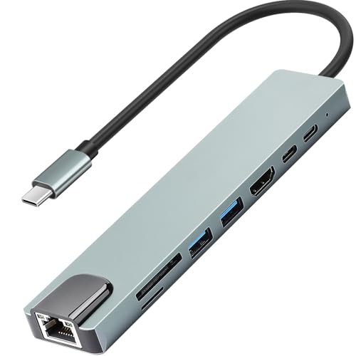USB C Hub Multiport Adapter for MacBook Air,8 in 1 USBC Dongle with 4K HDMI,RJ45 Ethernet,100W PD, USB 3.0/2.0,SD/TF Card Reader,USB-C Docking Station for MacBook Pro/Air, iPad Pro, XPS, etc