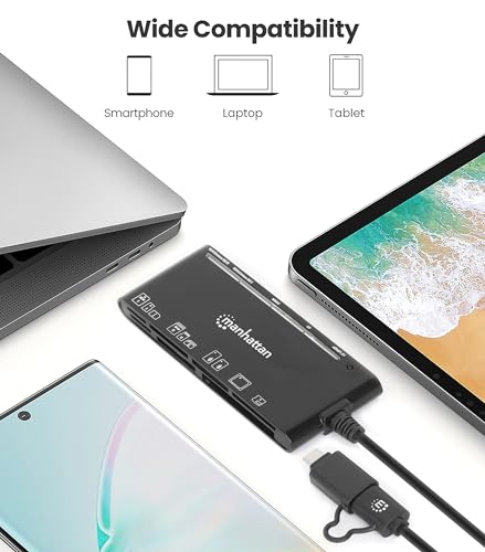 Manhattan 7 in 1 USB C & USB A Combo Multi Card Reader – Long 3 ft Cable – 5Gbps USB 3.0 - SD, TF, CF, Micro SD, XD, MS - Multiple Adapter Hub – 3 Yr Mfg Warranty – 102605 | Seven-slot flash media dock with Type-C and Type-A plugs, SuperSpeed transfers, 3