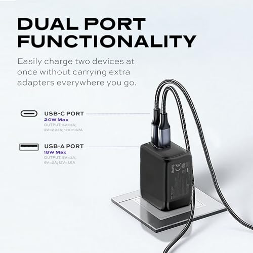 STATIK Fast-Charging GaN Power Adapter - 20W Dual USB C & USB - Foldable Compact Charger for iPhone, iPad, Samsung, Pixel - Smart Overheat Protection - Cable Not Included - size: 20W
