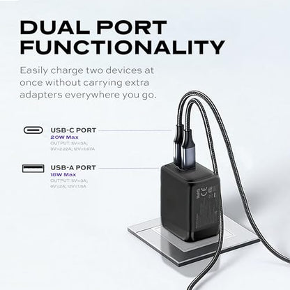 STATIK Fast-Charging GaN Power Adapter - 20W Dual USB C & USB - Foldable Compact Charger for iPhone, iPad, Samsung, Pixel - Smart Overheat Protection - Cable Not Included - size: 20W