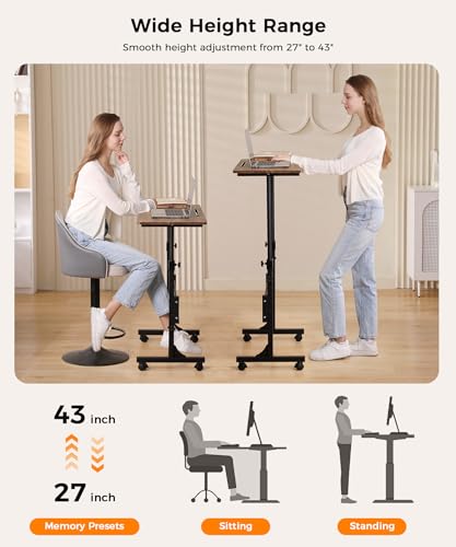 Standing Desk Adjustable Height, Mobile Stand Up Desks with Wheels Small Computer Desks Rolling Desk, Portable Laptop Desks Rustic Standing Table Sit Stand Home Office Desks 16"x31.5" Height 27"-43.5" - color: Rustic