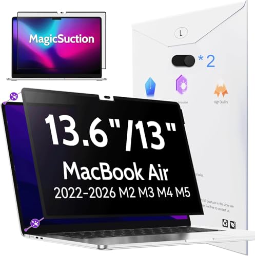 Peslv Privacy Screen for MacBook Air 13.6/13 Inch (2022-2026, M2, M3, M4, M5), MagicSuction™ Removable Anti Spy Black Protector, Glare Blue Light Filter for Mac Laptop Computer - size: MacBook Air 13.6" 2022-2026 B