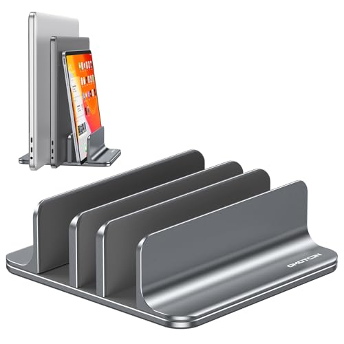OMOTON Vertical Laptop Stand [Updated 3-Slots Version], Desktop Aluminum Mac Book Stand with Adjustable Dock Size, Fits All Mac Book, Surface, Chrome Book and Gaming Laptops (Up to 17.3 inch), Grey - color: Three Slots-Grey