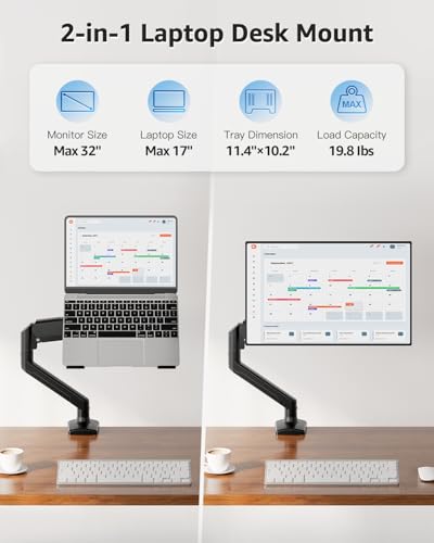 MOUNTUP Laptop Stand for Desk, Adjustable Aluminum Laptops Arm Mount for 14-17 Inch Notebook & 32" Monitor, Laptops Arm for Desk Support for 2.2-19.8lbs, 2-in-1 Laptop Desk Mount with Clamp/Grommet