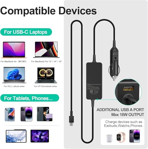 100W Laptop Car Charger USB C Car Charger for Dell Latitude/Precision/XPS, Compatible MacBook Pro/Air,HP Spectre/Elitebook,Samsung Galaxy,Asus,acer,Lenovo ThinkPad/Yoga/Idea Car Laptop Charger - color: Black