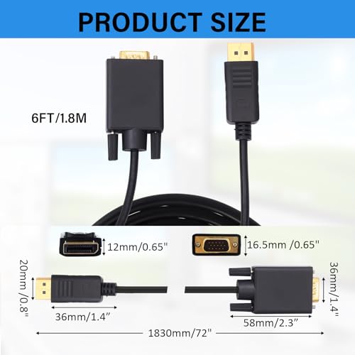 24 Pack Displayport to Vga Cable 6 ft Gold Plated Dp to Vga Adapter with Chip for Laptop Computer PC Monitor Projector HDTV, Not Bidirectional, Not Compatible with USB - size: 6 ft